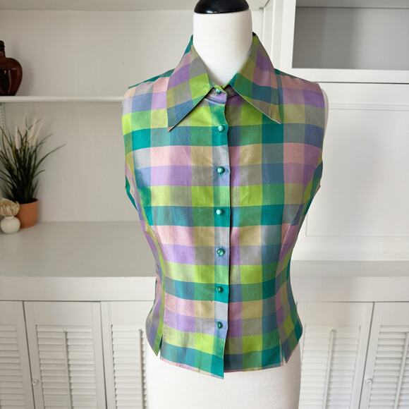 Vintage Halston Checkered Plaid Silk Taffeta Sleeveless Blouse Size S - Picture 2 of 6